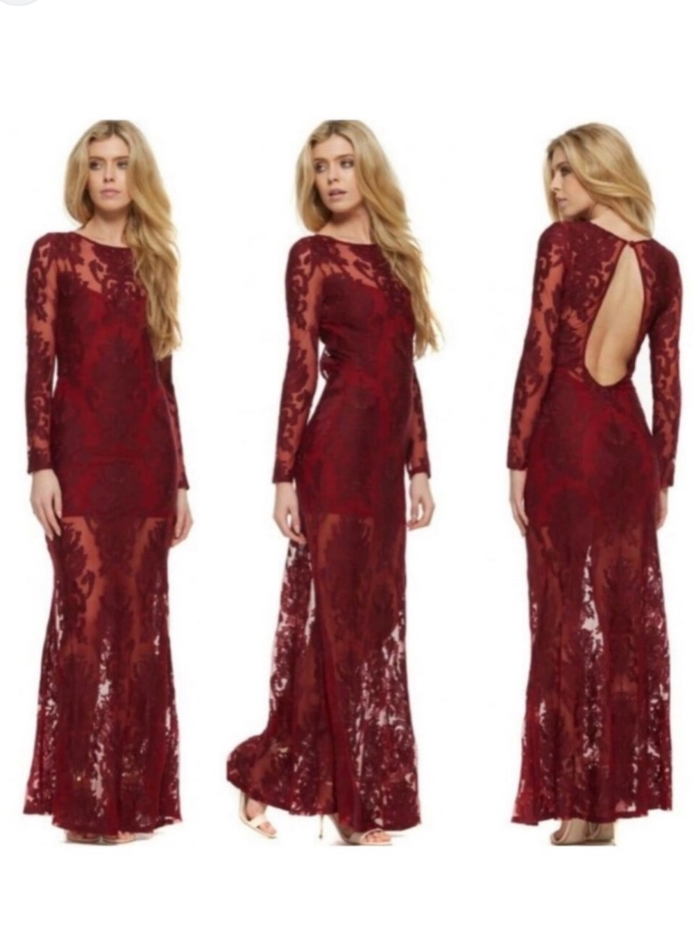 For Love & Lemons Ethereal Backless Lace Maxi Dress in Crimson SZ XS